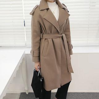 Epaulet Wool Blend Coat With Sash