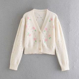 Long-sleeve V-neck Flower Embroidered Cropped Cardigan