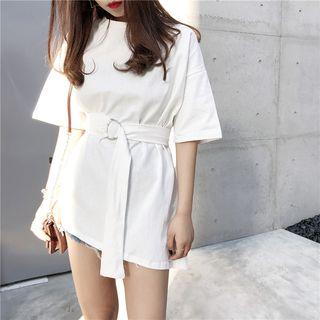 Short-sleeve Tie-waist Plain Top