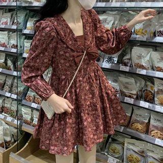 Long-sleeve Floral Print Bow Accent Mini A-line Dress