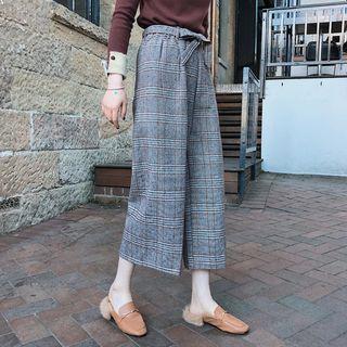 Bow Waist Plaid Wide Leg Pants Black - One Size