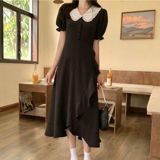 Short-sleeve Collared Ruffle Midi A-line Dress