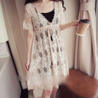 Set: Short-sleeve A-line Lace Dress + Spaghetti Strap Dress
