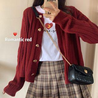 Short-sleeve Heart Print T-shirt / Heart Button Cardigan