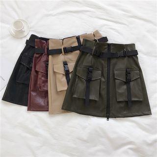 Faux Leather Buckled A-line Cargo Skirt