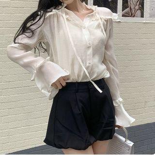 Set: Frill Trim Blouse + Camisole Set Of 2 - Blouse & Camisole - Milky White - One Size