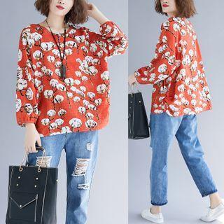Long-sleeve Floral Print T-shirt White Flowers - Tangerine - One Size