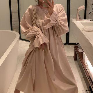 Frill-hem Long-sleeve Oversize Dress Almond - One Size