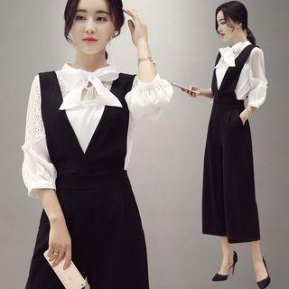 Set: Bow Accent Lace Panel Blouse + Cropped Wide-leg Jumper Pants
