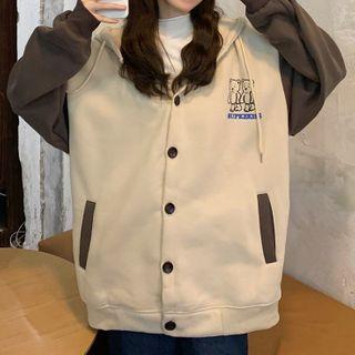 Bear Print Two-tone Button-up Hoodie