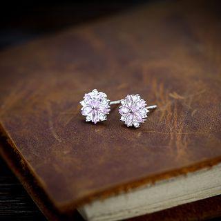 925 Sterling Silver Rhinestone Sakura Earring 1 Pair - Earrings - Sakura - One Size