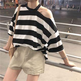 Striped Off-shoulder Loose-fit Short-sleeve T-shirt