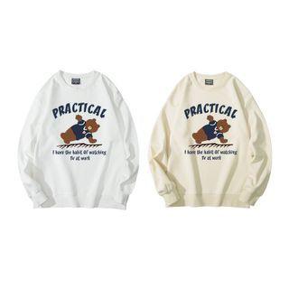 Long Sleeve Round Neck Fleece Bear Print Sweatshirt