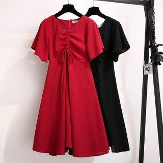 Short-sleeve Drawcord V-neck A-line Midi Dress