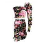 One-shoulder Floral Crop Top / Shirred Midi Pencil Skirt