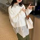 Striped Shirt / Plain Sweater / Slit Midi Skirt