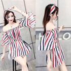 Striped Off-shoulder Bell-sleeve Tunic With Headband