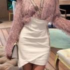 V-neck Long-sleeve Top / Faux-leather A-line Skirt