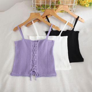 Lace Up Plain Knit Cropped Top