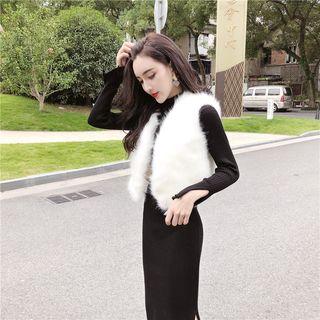 Furry Vest / Long-sleeve Sheath Midi Dress / Set