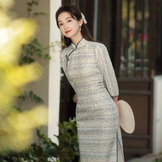 Contrast Trim 3/4 Sleeve Qipao Dress