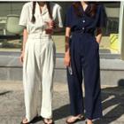 Short-sleeve Belt-waist Jumpsuit