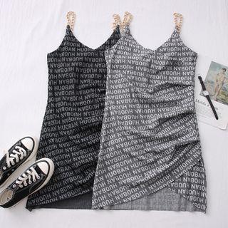 Chain-strap Lettering Asymmetric Mini Dress