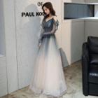 Off-shoulder Long Sleeve Gradient Sequined A-line Evening Gown