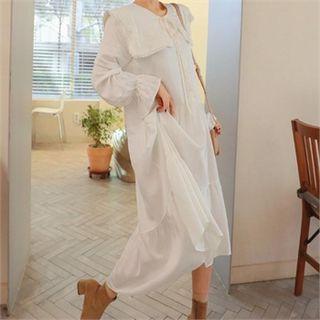 Sailor-collar Lace-trim Midi Shirtdress
