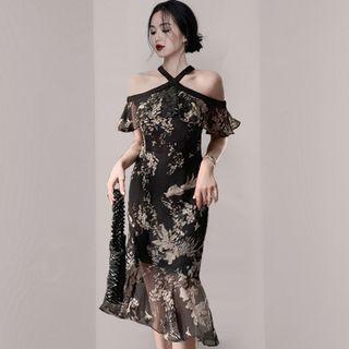 Short-sleeve Cold Shoulder Floral Print Midi Mermaid Dress