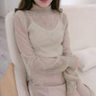 Shimmer Mock-neck See-through Long-sleeve Top