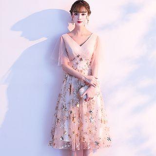 Mesh -sleeve Star Sequined A-line Cocktail Dress
