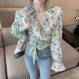 Lace Trim Floral Print Blouse Floral - White - One Size