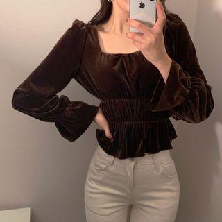 Square Neck Velvet Blouse Coffee - One Size
