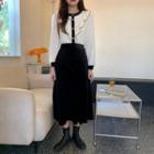 Long-sleeve Frill Trim Button-up Lace Top / Midi A-line Skirt