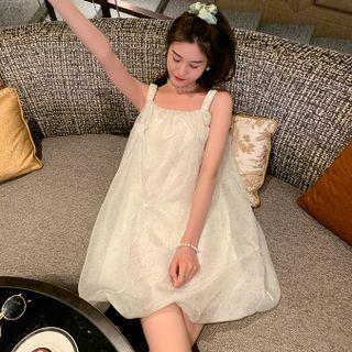 Puff-sleeve Square-neck Plain Mesh Dress