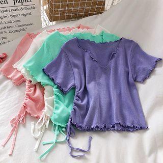 Plain Drawstring Short-sleeve Knit Top