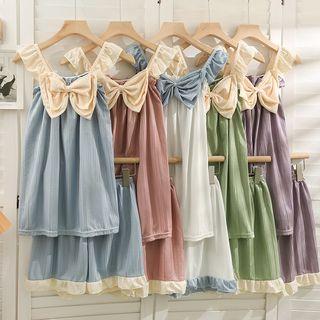 Set: Ribbon-accent Colorblock Loose Top + Ruffled Shorts In 6 Colors