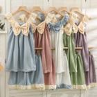 Set: Ribbon-accent Colorblock Loose Top + Ruffled Shorts In 6 Colors