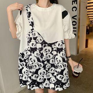 Elbow-sleeve Panda Print Mini T-shirt Dress White - One Size