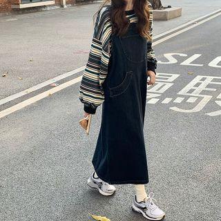 Round-neck Striped Long-sleeve Sweatshirt / Pocket-detail Denim Overall Dress