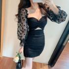 Dotted Mesh Puff-sleeve Slim-fit Dress
