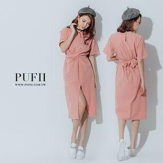 Short-sleeve Twist Front Slit Midi T-shirt Dress