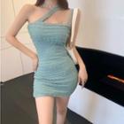 Asymmetrical Wide Strap Shirred Sheath Dress