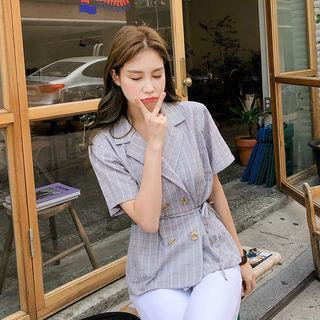 Double-breasted Check Blazer With Sash