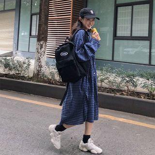 Long-sleeve Checker Midi Shirt Dress Blue - One Size