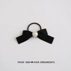 Ribbon Faux Pearl Hair Tie Black - One Size
