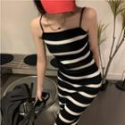 Spaghetti Strap Striped Knit Dress Stripes - Black & White - One Size