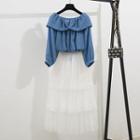 3/4-sleeve Off Shoulder Blouse / Mesh A-line Midi Tiered Skirt / Set