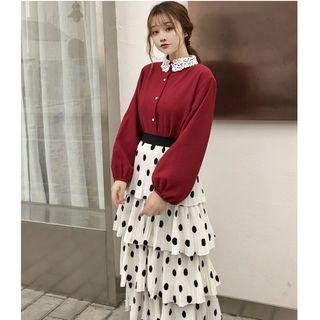 Lace Collar Blouse / Polka Dot Midi Layered Skirt